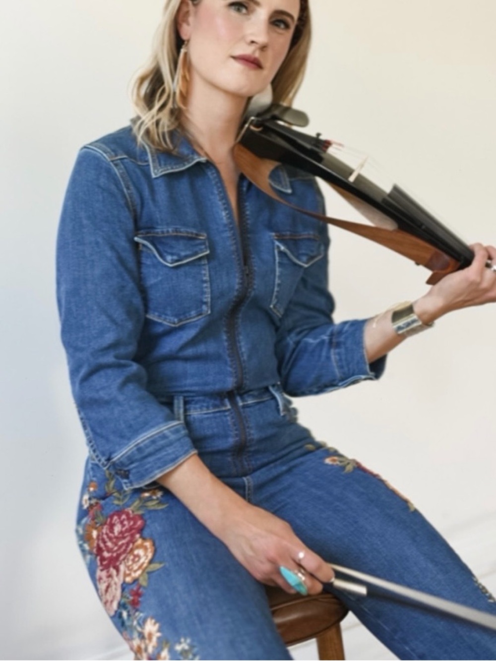 Driftwood denim floral flared jumpsuit
